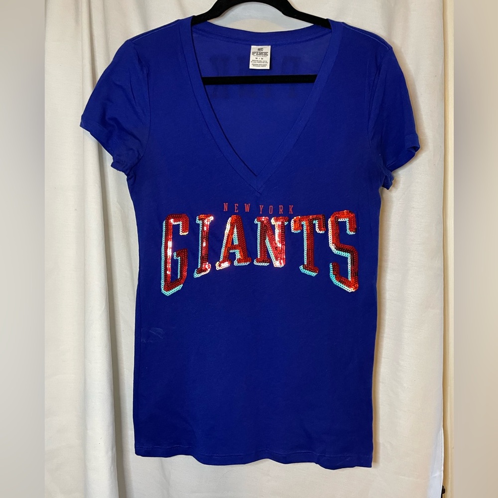 PINK Victoria Secret Lightweight Blue w "Giants" Sequins V-Neck Tee Size M